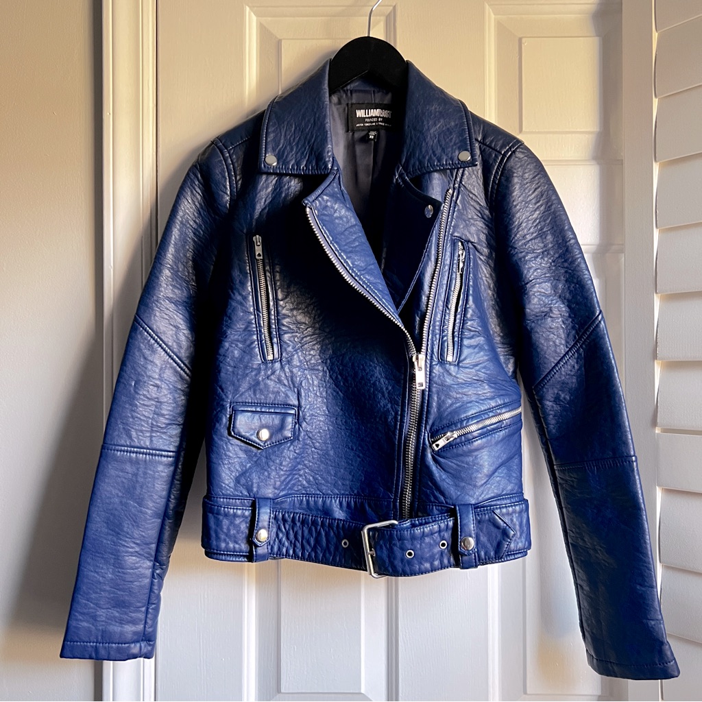 William Rast Alexa Blue Faux Leather Belted Zipper Motorcycle Jacket William Rast Alexa Blue Faux Leather Belted Zipper Motorcycle Jacket